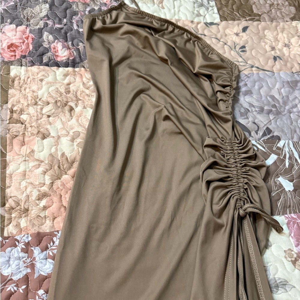 Fashion Nova One-Shoulder Ruched Dress in Taupe Brown